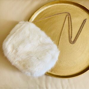 Forever 21 White Faux Fur Crossbody Clutch Bag Gold Chain Fluffy Soft